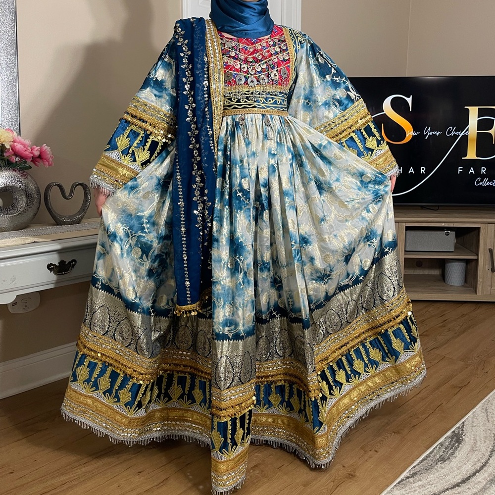 Elegant Blue & Gold Afghani Bridal dress